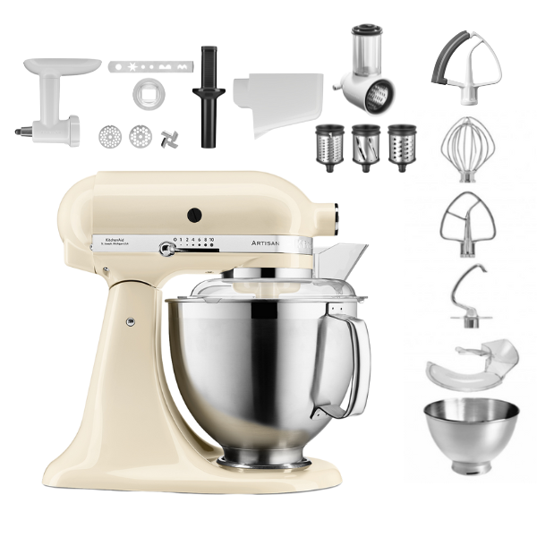 KitchenAid 4,8 L 5KSM185 Artisan Küchenmaschine Profiset Fleischwolf+Spritzgebäck+Gemüseschneider+Pürie