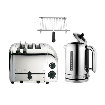 Dualit Frühstücksset inkl. 3er Toaster (inkl. Sandwichzange) + 1,7 L Wasserkocher und Brötchenaufsatz